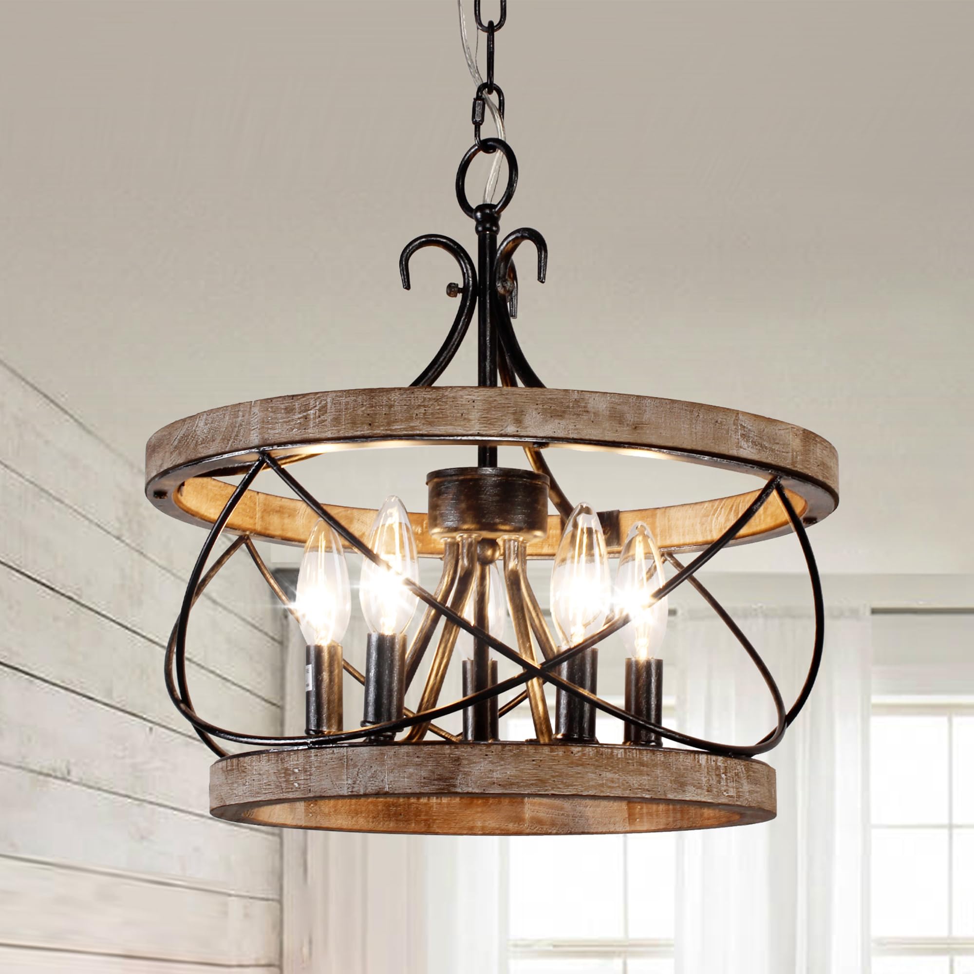 Dawn Whisper Farmhouse Chandelier, 15.7" Rustic Drum Chandelier Light Fixture over Table, 5-Light Candle Wood Chandelier for Dining Room, Kitchen