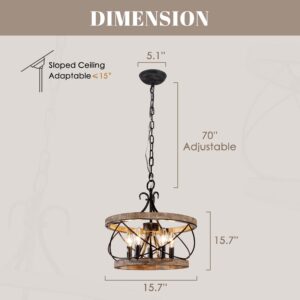 Dawn Whisper Farmhouse Chandelier, 15.7" Rustic Drum Chandelier Light Fixture over Table, 5-Light Candle Wood Chandelier for Dining Room, Kitchen