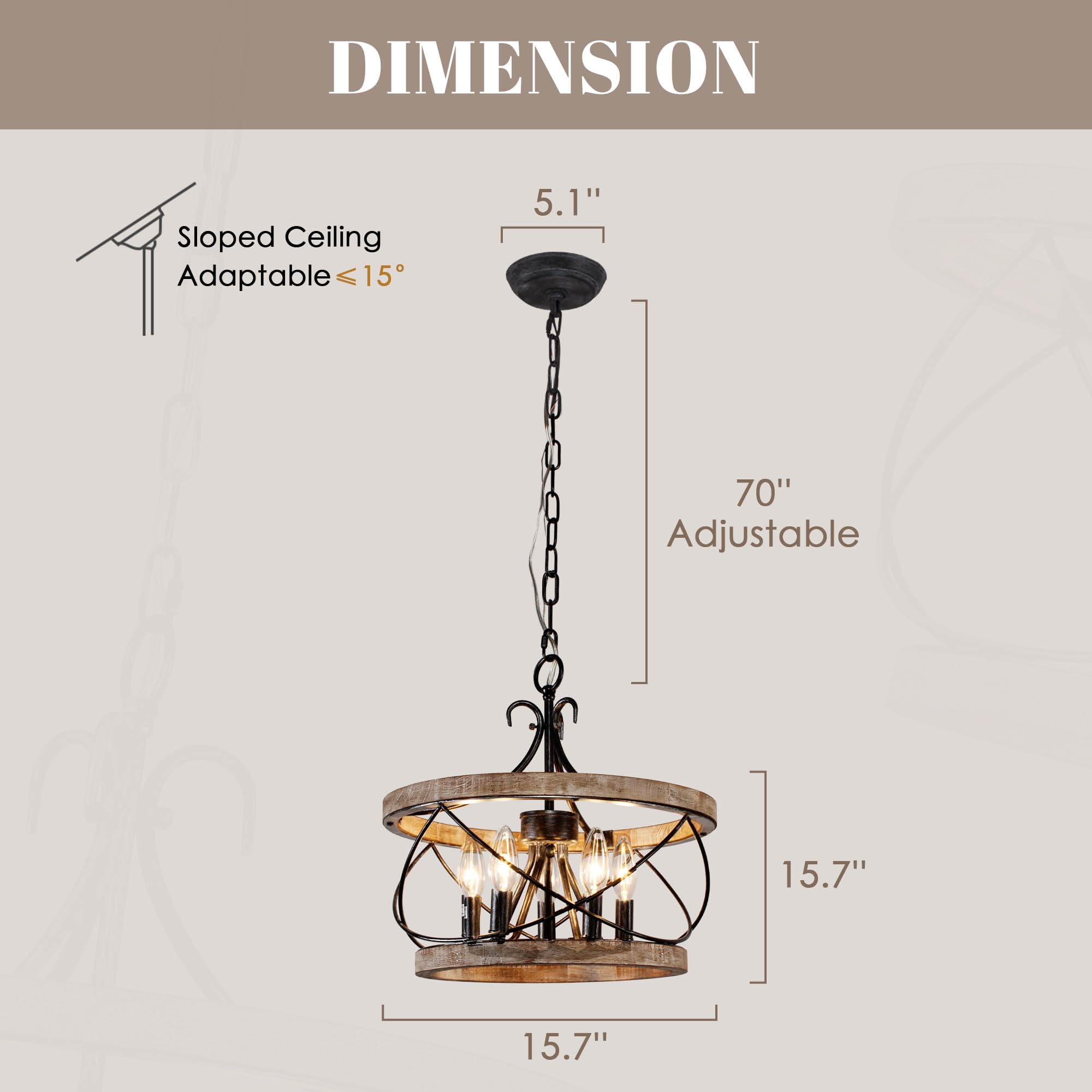 Dawn Whisper Farmhouse Chandelier, 15.7" Rustic Drum Chandelier Light Fixture over Table, 5-Light Candle Wood Chandelier for Dining Room, Kitchen