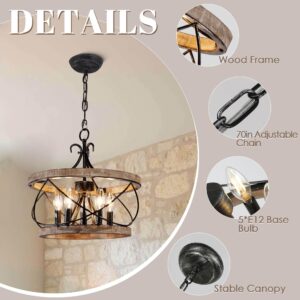 Dawn Whisper Farmhouse Chandelier, 15.7" Rustic Drum Chandelier Light Fixture over Table, 5-Light Candle Wood Chandelier for Dining Room, Kitchen