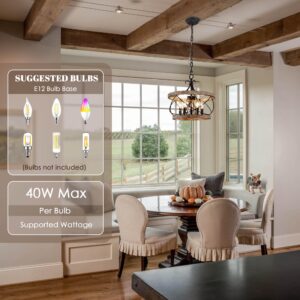 Dawn Whisper Farmhouse Chandelier, 15.7" Rustic Drum Chandelier Light Fixture over Table, 5-Light Candle Wood Chandelier for Dining Room, Kitchen