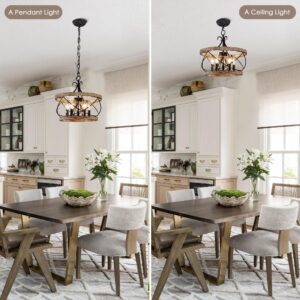 Dawn Whisper Farmhouse Chandelier, 15.7" Rustic Drum Chandelier Light Fixture over Table, 5-Light Candle Wood Chandelier for Dining Room, Kitchen