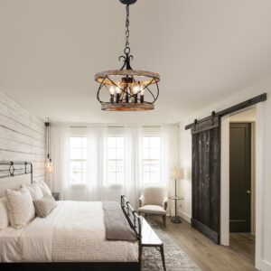 Dawn Whisper Farmhouse Chandelier, 15.7" Rustic Drum Chandelier Light Fixture over Table, 5-Light Candle Wood Chandelier for Dining Room, Kitchen