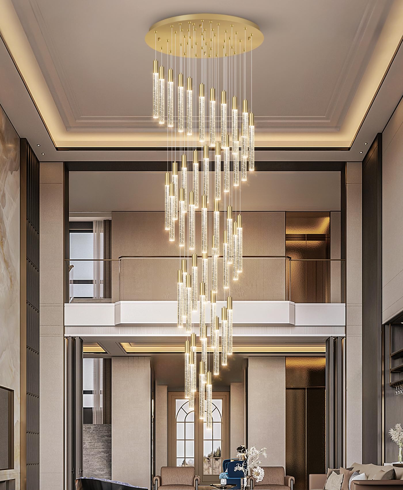 20ft Large Chandeliers for Living Room Gold Modern LED Lights High Ceiling Chandelier for Entryway Dining Room Ceiling Pendant Light Fixtures Sloping Ceiling Adjustable Dimmable Lighting