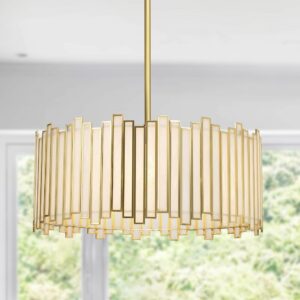 wrlmfy gold drum chandelier 4-light, modern drum pendant lighting fixture with tiffany glass shade, 16” round ceiling hanging light for bedroom dining room kitchen entryway living room (gold)