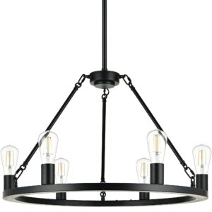 Linea di Liara Sonoro Black Chandelier Dining Room Light Fixture Small Wagon Wheel Chandelier Rustic Round Industrial Modern Farmhouse Chandeliers for Dining Room Entryway Foyer, 7 Bulbs Included