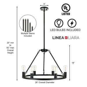 Linea di Liara Sonoro Black Chandelier Dining Room Light Fixture Small Wagon Wheel Chandelier Rustic Round Industrial Modern Farmhouse Chandeliers for Dining Room Entryway Foyer, 7 Bulbs Included