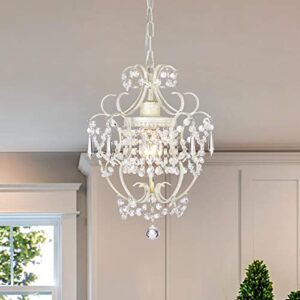 Small Crystal Chandelier for Bedroom, 90% Pre-Assembled 1 Light White Chandelier, Mini Acrylic Crystal Ceiling Light Fixture Charming for Girls Room, Closet, Bathroom, Entryway, Dining Room