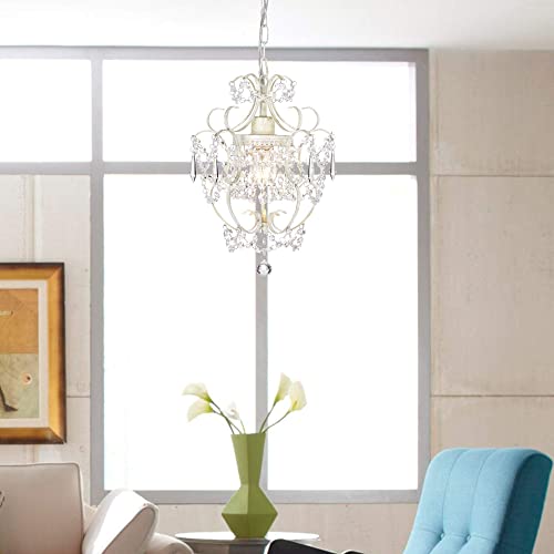 Small Crystal Chandelier for Bedroom, 90% Pre-Assembled 1 Light White Chandelier, Mini Acrylic Crystal Ceiling Light Fixture Charming for Girls Room, Closet, Bathroom, Entryway, Dining Room