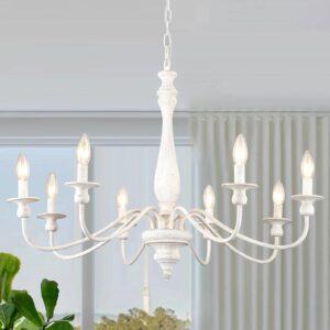 ALISADABOY White Chandelier Farmhouse Antique Chandeliers for Dining Room French Country 8 Light Rustic Entryway Hanging Light Fixture for Kitchen Island Hallway Vintage Pendant Lighting