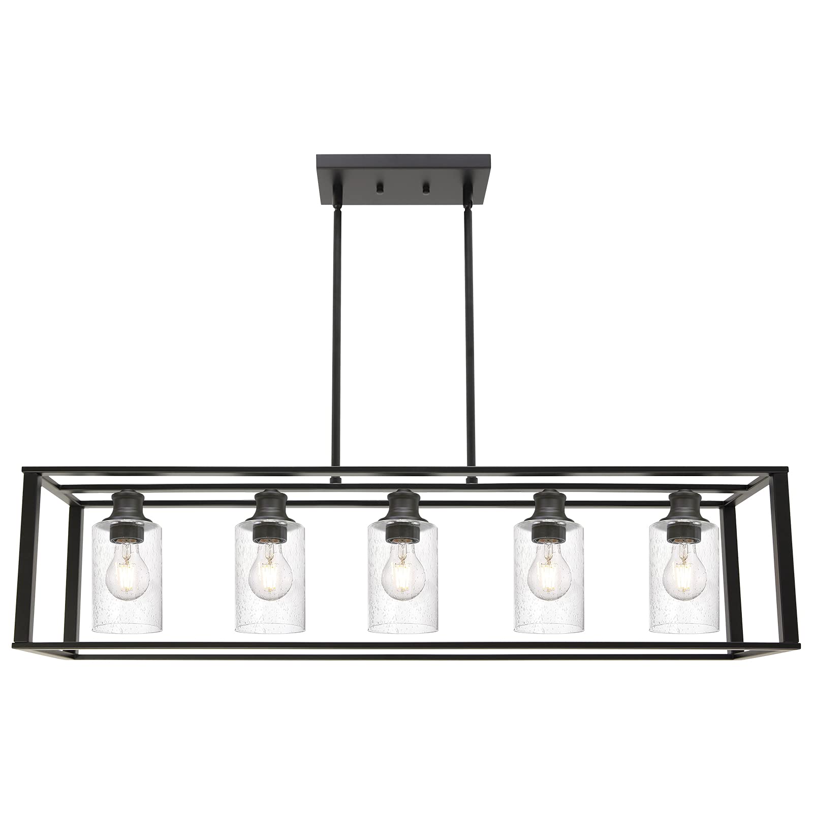 Wanluce Rectangular Chandelier for Dining Room 5 Light Matte Black Lights Fixtures with Glass Shade Farmhouse Linear Industrial Modern Hanging Lighting