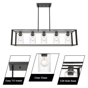 Wanluce Rectangular Chandelier for Dining Room 5 Light Matte Black Lights Fixtures with Glass Shade Farmhouse Linear Industrial Modern Hanging Lighting