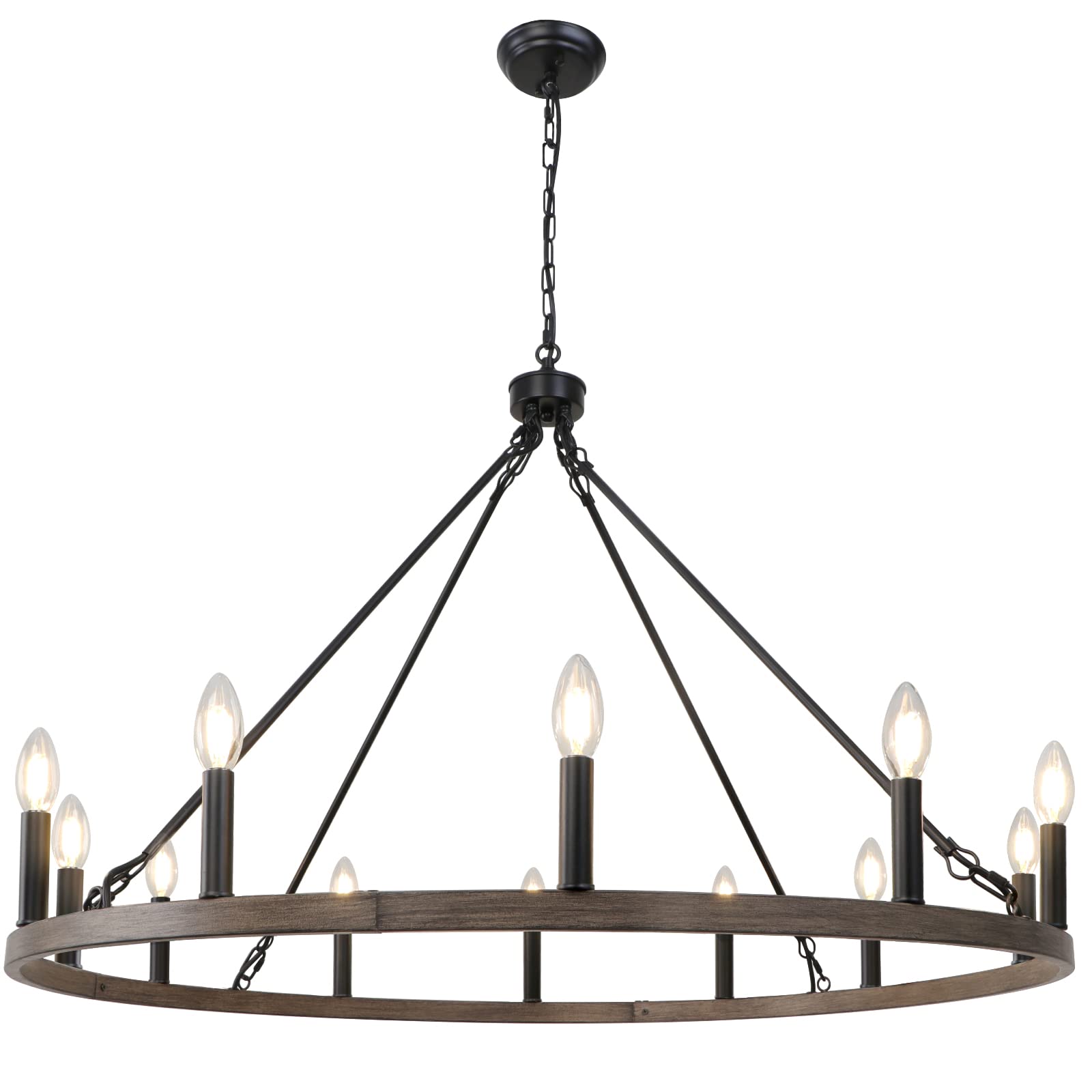 WBinDX 12 Lights Wagon Wheel Chandelier, 38.2 Inch Large Black Faux Wood Metal Farmhouse Chandelier Lighting, Rustic Candle Round Chandeliers for Living Room Foyer Entryway High Ceilings