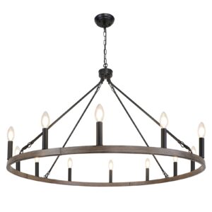 WBinDX 12 Lights Wagon Wheel Chandelier, 38.2 Inch Large Black Faux Wood Metal Farmhouse Chandelier Lighting, Rustic Candle Round Chandeliers for Living Room Foyer Entryway High Ceilings