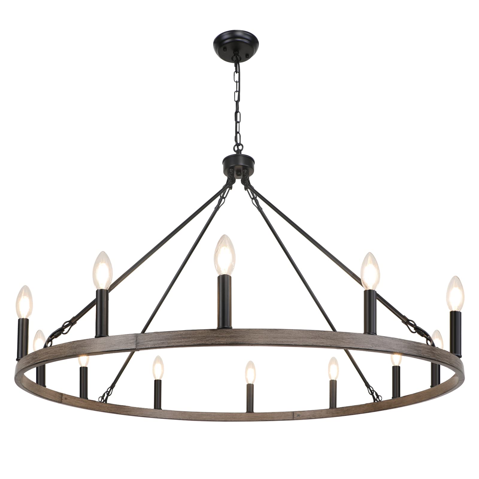 WBinDX 12 Lights Wagon Wheel Chandelier, 38.2 Inch Large Black Faux Wood Metal Farmhouse Chandelier Lighting, Rustic Candle Round Chandeliers for Living Room Foyer Entryway High Ceilings