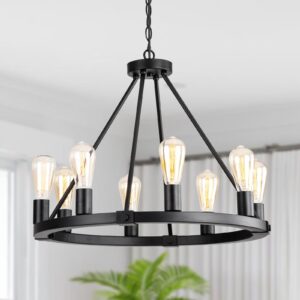 9MMML 23.6" 8 Lights Wagon Wheel Chandelier,Black Metal Round Industrial Vintage Kitchen Island Pendant Light for Living Dining Room Foyer Entryway,Height Adjustable,E26.