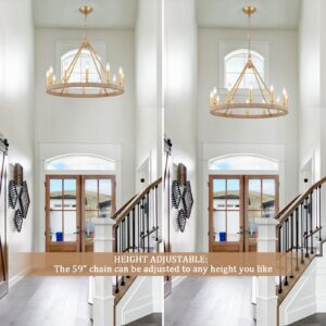 ASHUAQI Gold Wagon Wheel Chandelier 12 Light Modern Farmhouse Round Chandeliers for Dining Room Rustic Vintage Pendant Light Fixtures for High Ceilings Living Room Foyer Entryway