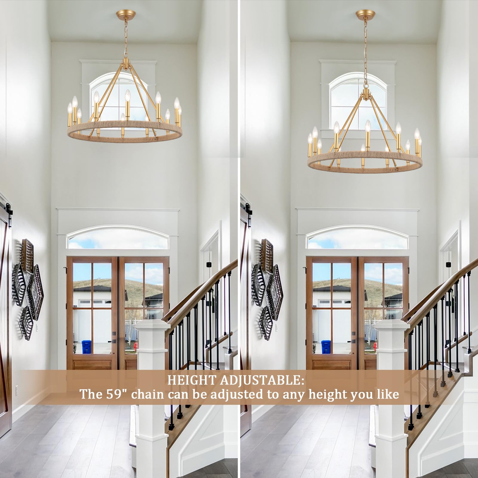 ASHUAQI Gold Wagon Wheel Chandelier 12 Light Modern Farmhouse Round Chandeliers for Dining Room Rustic Vintage Pendant Light Fixtures for High Ceilings Living Room Foyer Entryway