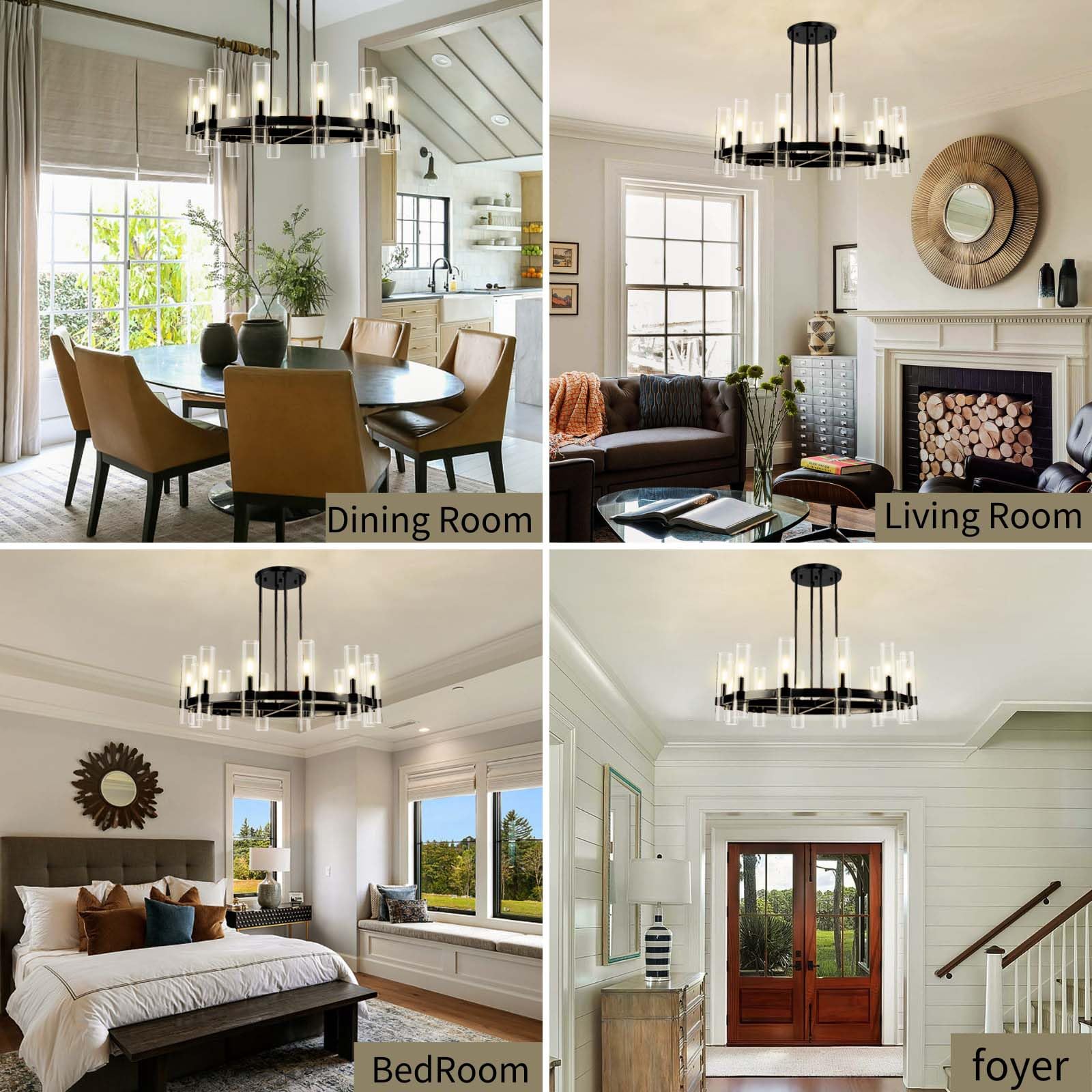 Knurldon 12-Light Black Round Chandelier 36'' Wagon Wheel Chandeliers for Dining Room Light Fixture Clear Glass Tube Chandelier Modern Farmhouse Chandeliers for Living Room Bedroom, Bulb Included