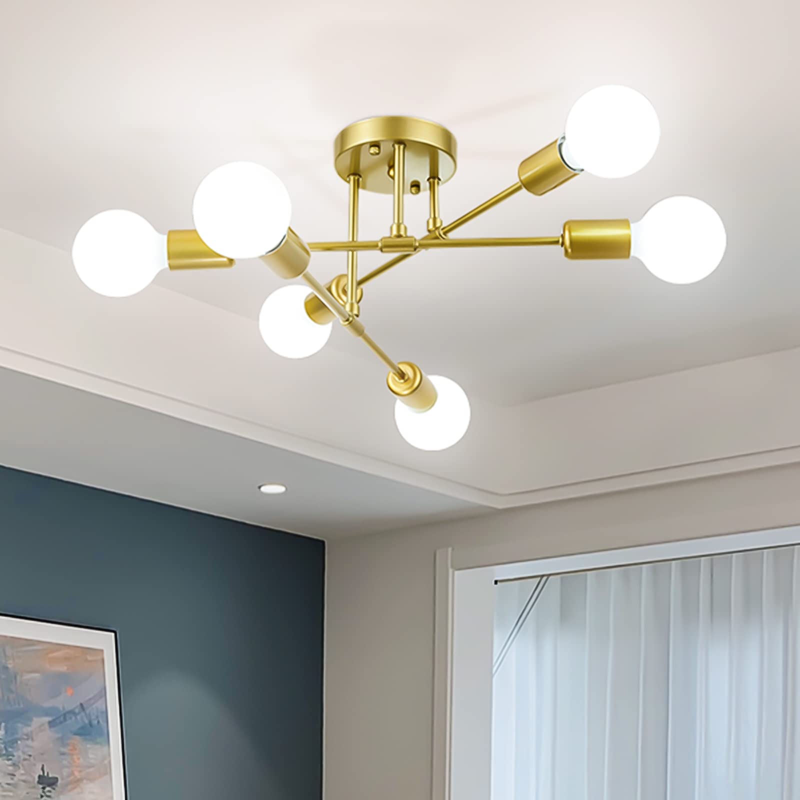 Soilsiu Modern Sputnik Chandelier, 6-Light Mid Century Semi Flush Mount Ceiling Light Fixture for Bedroom, Dining Room, Living Room, Kitchen, Office (Gold, W:16.5",H:8")