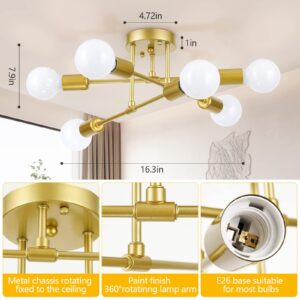 Soilsiu Modern Sputnik Chandelier, 6-Light Mid Century Semi Flush Mount Ceiling Light Fixture for Bedroom, Dining Room, Living Room, Kitchen, Office (Gold, W:16.5",H:8")