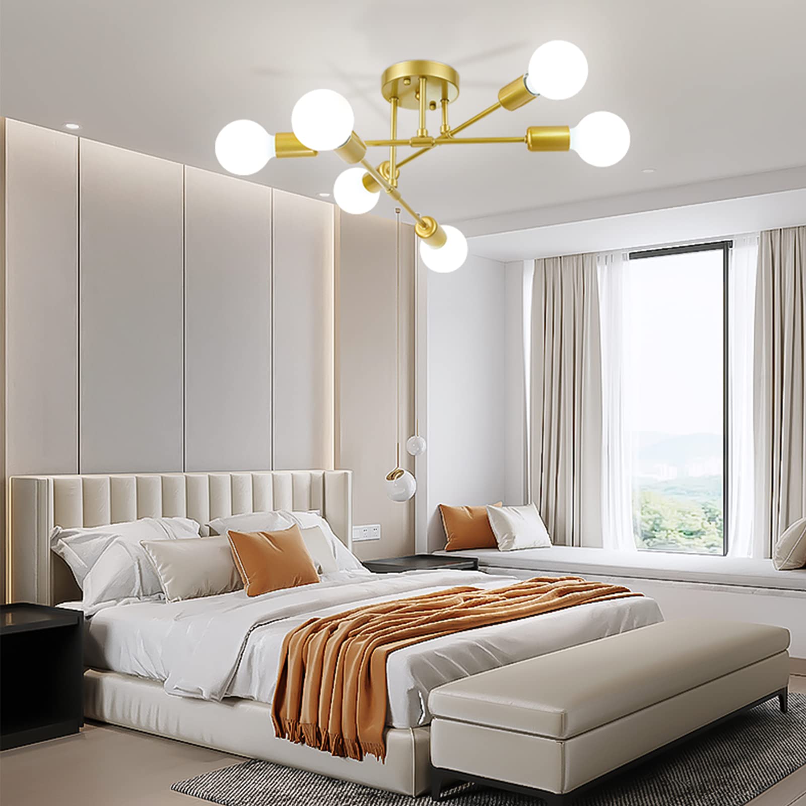 Soilsiu Modern Sputnik Chandelier, 6-Light Mid Century Semi Flush Mount Ceiling Light Fixture for Bedroom, Dining Room, Living Room, Kitchen, Office (Gold, W:16.5",H:8")