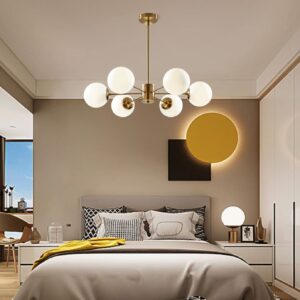 KCO Lighting 6-Light Globe Sputnik Chandelier Milk Glass Modern Gold Chandelier Light Fixture Mid Century Sputnik Chandeliers Pendant Lighting Brushed Brass Chandelier (Gold+White)