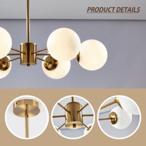 KCO Lighting 6-Light Globe Sputnik Chandelier Milk Glass Modern Gold Chandelier Light Fixture Mid Century Sputnik Chandeliers Pendant Lighting Brushed Brass Chandelier (Gold+White)