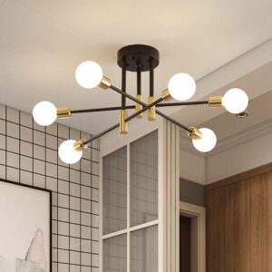 Sputnik Chandelier Modern Ceiling Light Fixture Mid Century Black and Gold Industrial Pendant Light Semi Flush Mount Lighting for Living Room Dining Room Bedroom Kitchen Bar Cafe