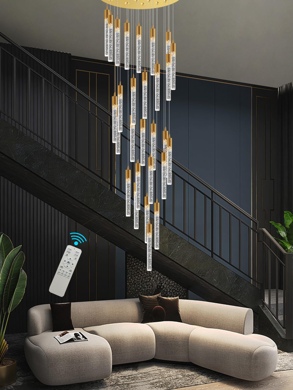 Flashing God Gold 28 Lights Large Foyer Chandeliers for High Ceilings 12 feet Long Spiral Stair Pendant Chandelier Crystal Ceiling Light Fixtures Dimmable 2700k-4500k-6000k