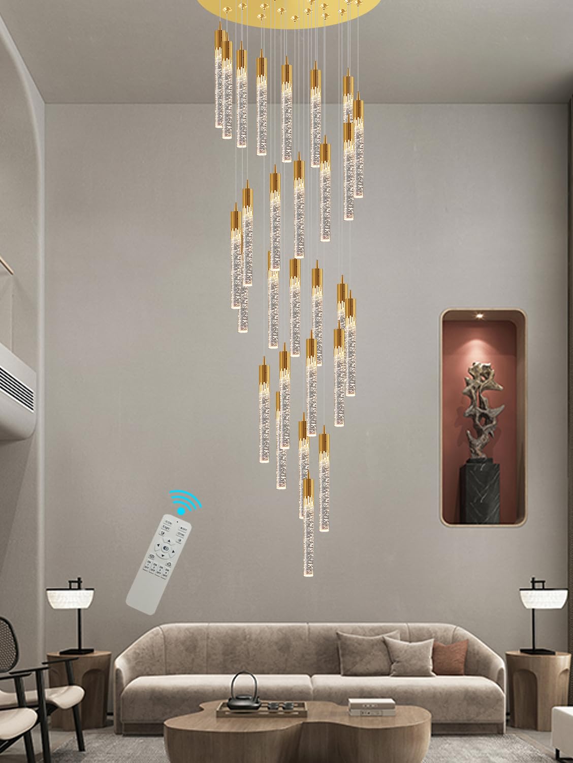 Flashing God Gold 28 Lights Large Foyer Chandeliers for High Ceilings 12 feet Long Spiral Stair Pendant Chandelier Crystal Ceiling Light Fixtures Dimmable 2700k-4500k-6000k