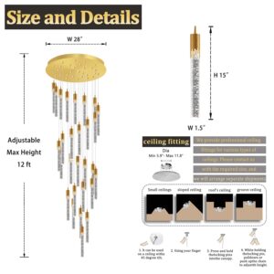 Flashing God Gold 28 Lights Large Foyer Chandeliers for High Ceilings 12 feet Long Spiral Stair Pendant Chandelier Crystal Ceiling Light Fixtures Dimmable 2700k-4500k-6000k