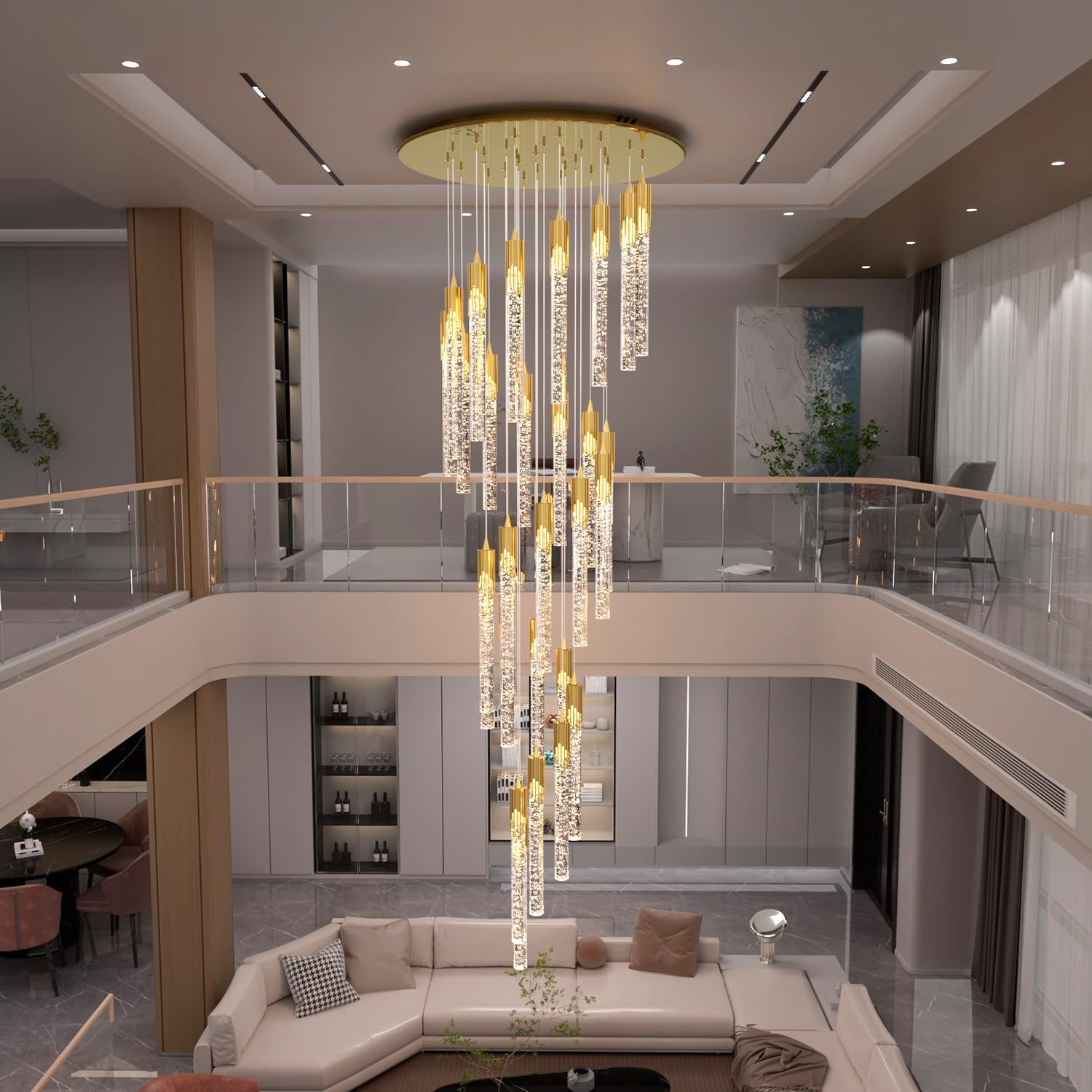 Flashing God Gold 28 Lights Large Foyer Chandeliers for High Ceilings 12 feet Long Spiral Stair Pendant Chandelier Crystal Ceiling Light Fixtures Dimmable 2700k-4500k-6000k