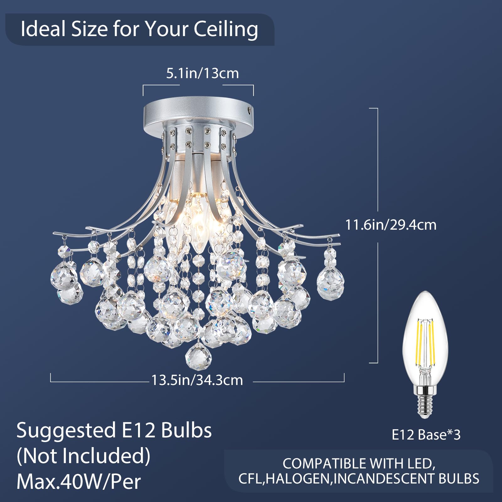 Bestier Modern Silver Crystal Semi-Flush Mount Chandelier Lighting Ceiling Light Fixture Lamp for Diningroom Bathroom Bedroom Livingroom 3 E12 Bulbs Required D13.5 inch X H11.6 inch