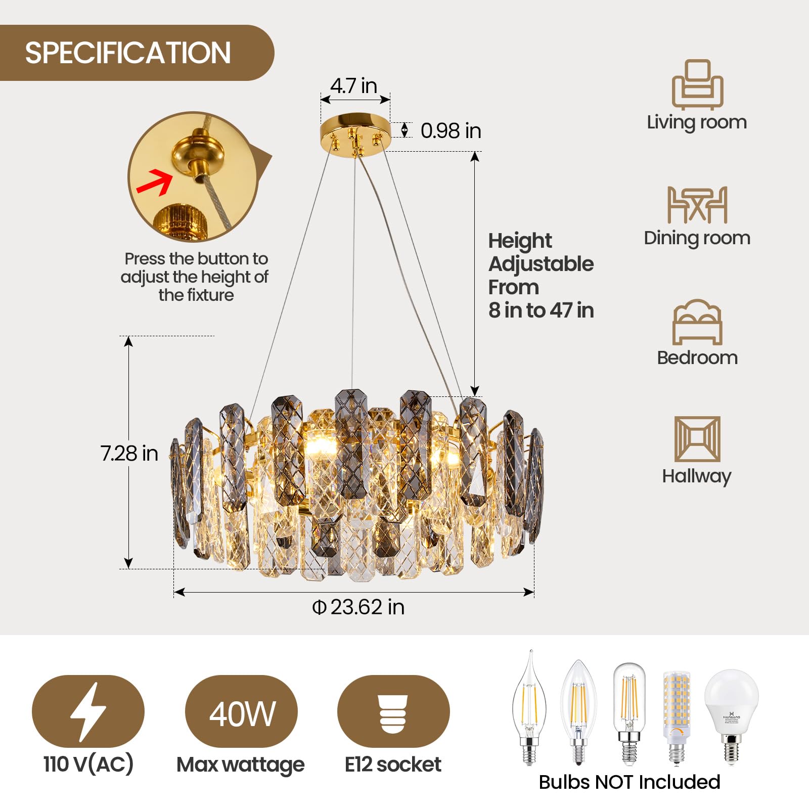 HOSSEE Round Crystal Chandelier Light Fixture, Modern K9 Crystal Pendant Lighting, Gold Chandelier for Dining Room Living Room Bedroom Foyer