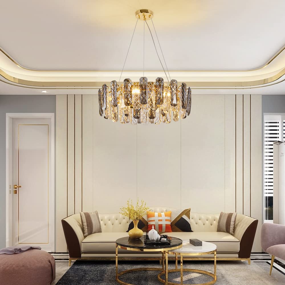 HOSSEE Round Crystal Chandelier Light Fixture, Modern K9 Crystal Pendant Lighting, Gold Chandelier for Dining Room Living Room Bedroom Foyer