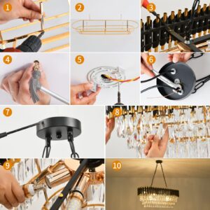 AKDXIRUN Modern Crystal Chandeliers for Dining Room 8-Light Black and Gold Chandelier Living Room Oval Contemporary Ceiling Hanging Light Pendant Light Fixture for Kitchen Island Bar L32 inch