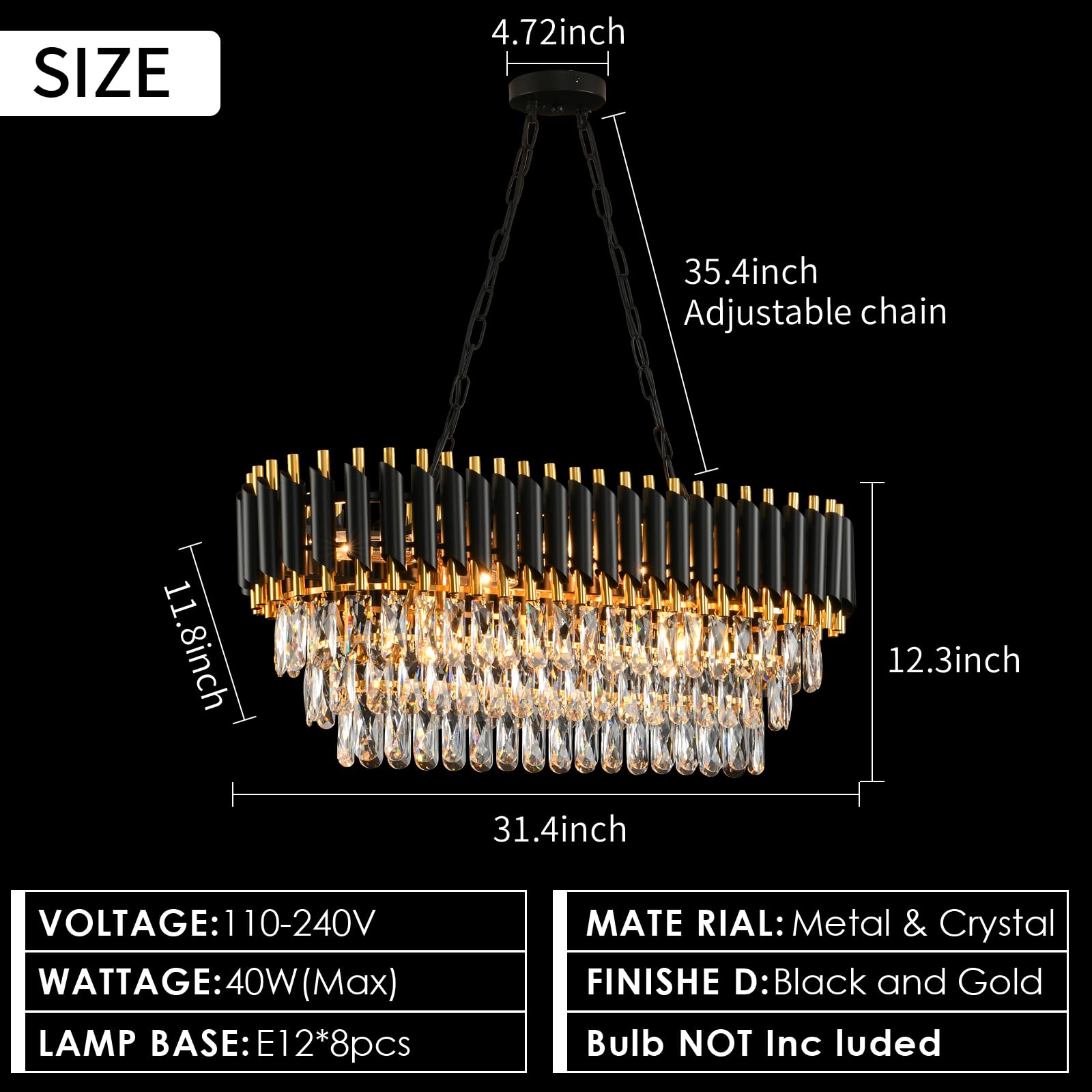 AKDXIRUN Modern Crystal Chandeliers for Dining Room 8-Light Black and Gold Chandelier Living Room Oval Contemporary Ceiling Hanging Light Pendant Light Fixture for Kitchen Island Bar L32 inch