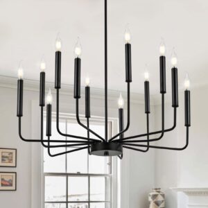 WOKNOS Modern Black Farmhouse Chandeliers, 12-Light Industrial Metal Chandelier Lighting, Classic Candle Hanging Pendant Light Fixtures for Living Room, Dining Room, Kitchen, Bedroom, Entryway-UL