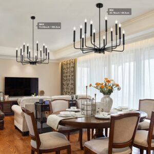 WOKNOS Modern Black Farmhouse Chandeliers, 12-Light Industrial Metal Chandelier Lighting, Classic Candle Hanging Pendant Light Fixtures for Living Room, Dining Room, Kitchen, Bedroom, Entryway-UL