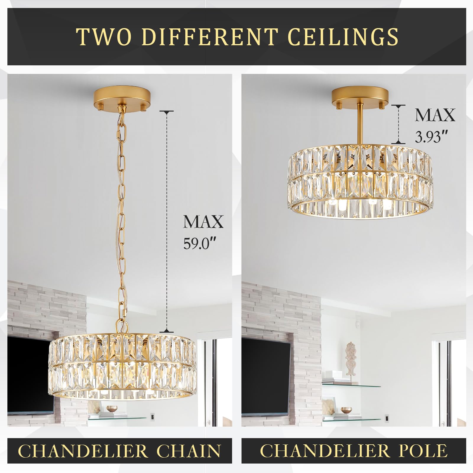 CATINER Gold Crystal Chandeliers, Modern Semi Flush Mount Chandelier 4-Ligh Drum Crystal Ceiling Pendant Light Fixture 12” for Foyer Entryway Kitchen Hallway Dining Room