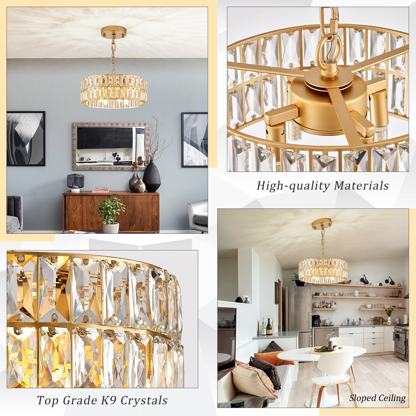 CATINER Gold Crystal Chandeliers, Modern Semi Flush Mount Chandelier 4-Ligh Drum Crystal Ceiling Pendant Light Fixture 12” for Foyer Entryway Kitchen Hallway Dining Room