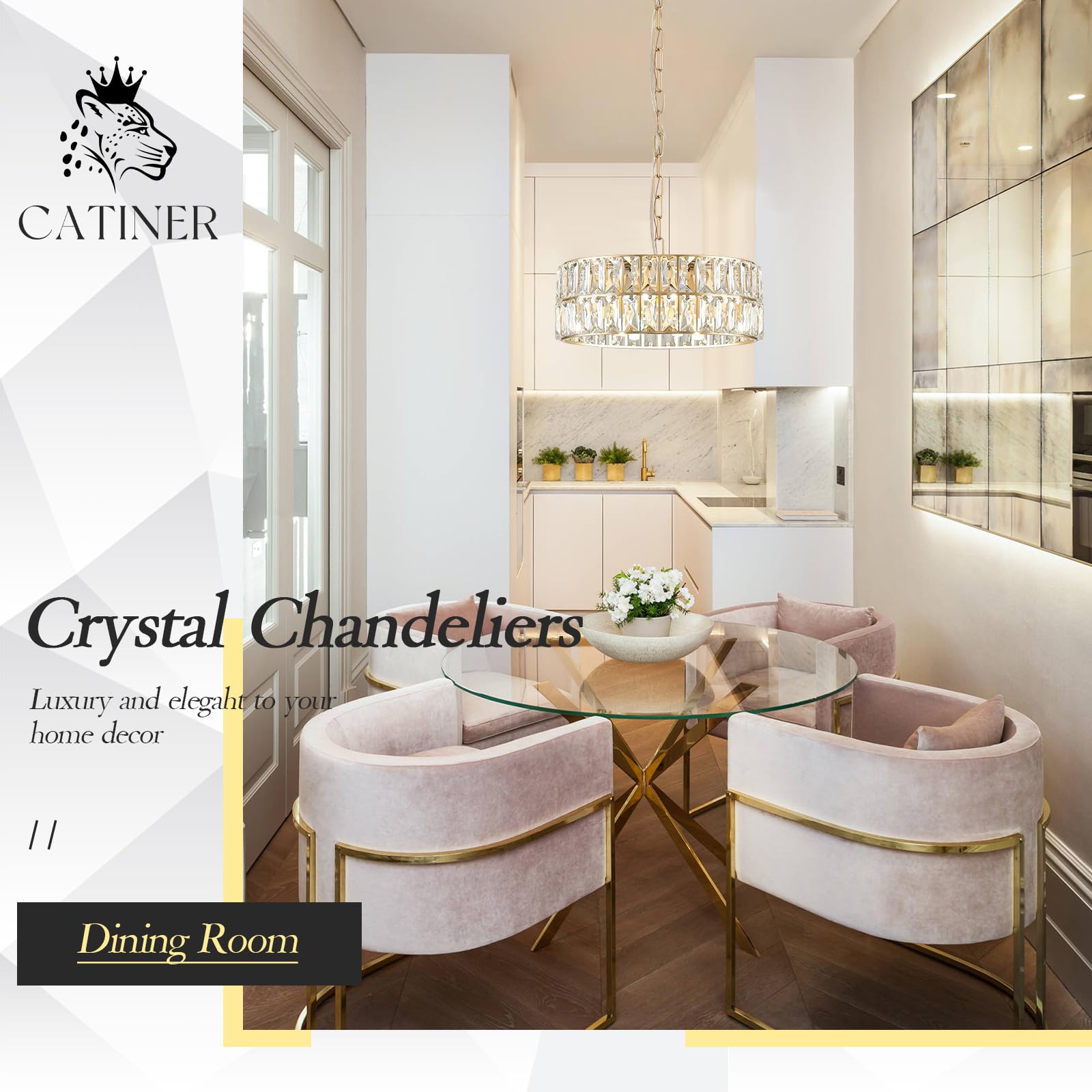 CATINER Gold Crystal Chandeliers, Modern Semi Flush Mount Chandelier 4-Ligh Drum Crystal Ceiling Pendant Light Fixture 12” for Foyer Entryway Kitchen Hallway Dining Room