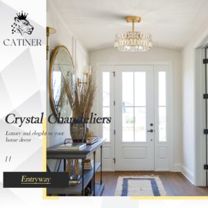 CATINER Gold Crystal Chandeliers, Modern Semi Flush Mount Chandelier 4-Ligh Drum Crystal Ceiling Pendant Light Fixture 12” for Foyer Entryway Kitchen Hallway Dining Room