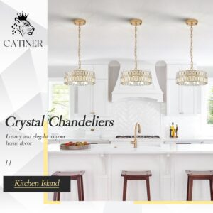 CATINER Gold Crystal Chandeliers, Modern Semi Flush Mount Chandelier 4-Ligh Drum Crystal Ceiling Pendant Light Fixture 12” for Foyer Entryway Kitchen Hallway Dining Room