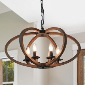 Anmytek Wood Metal Chandelier Rustic Farmhouse Style Flower Shape Wood Frame Adjustable Chain Pendant Lighting E12 Base Bulb Hanging Light Vintage Ceiling Kitchen Island Light Fixture 6-Lights (C0072)