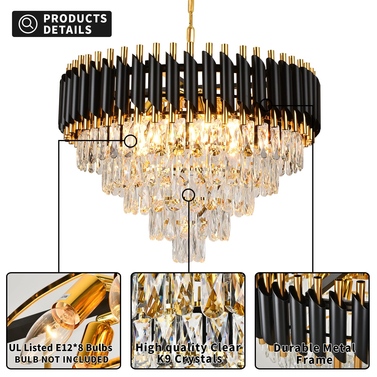 MarkDee Luxury Crystal Chandelier, 8-Lights Round Raindrop Crystal Hanging Ceiling Light, 5-Tier Pendant Lights Fixture for Dining Room, Living Room, Kitchen Island, Bedroom, D23.6''