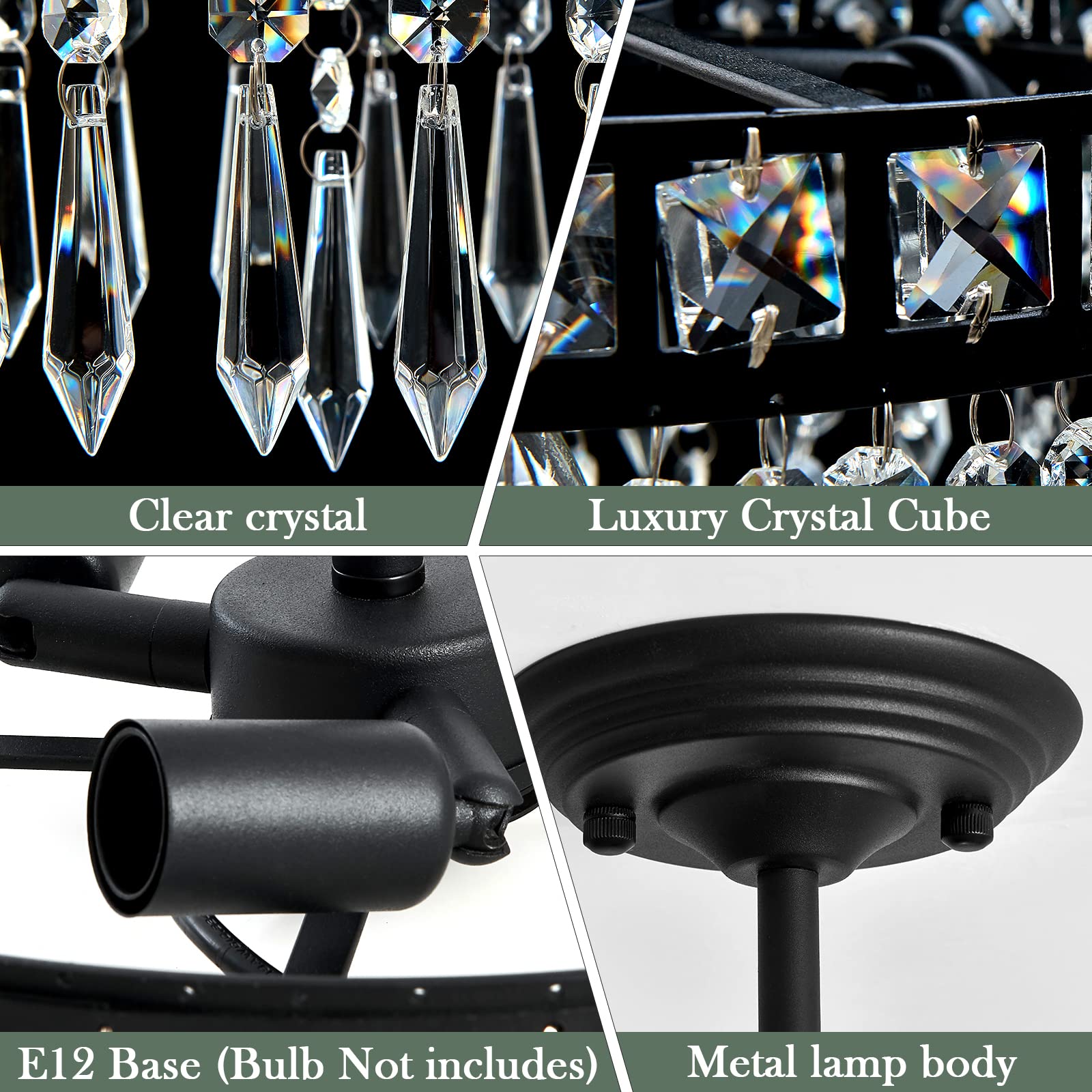 DAFKOS Modern Crystal Chandelier 3 Lights Semi Flush Mount Ceiling Light Fixture Black Farmhouse ceiling lamp for Bedroom Living Room Dining Room Entryway Hallway