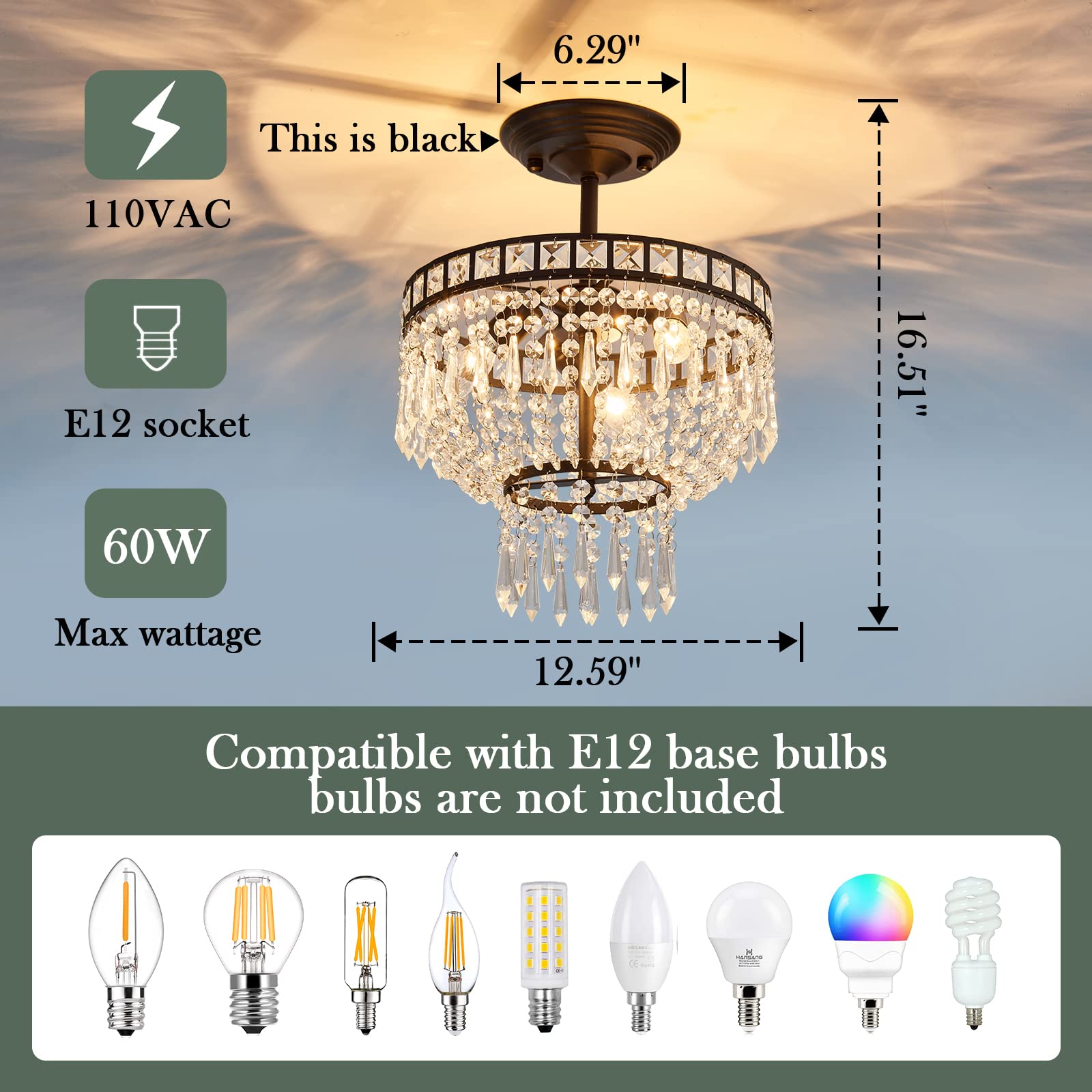 DAFKOS Modern Crystal Chandelier 3 Lights Semi Flush Mount Ceiling Light Fixture Black Farmhouse ceiling lamp for Bedroom Living Room Dining Room Entryway Hallway