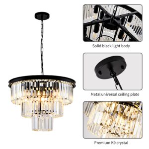 HCCZ 8 Light Modern Crystal Chandelier 20'' Black Chandeliers for Dining Room Contemporary Pendant Light Fixture Round 3-Tier Adjustable Height E12 for Living Room, Foyer, Entryway, Bedroom